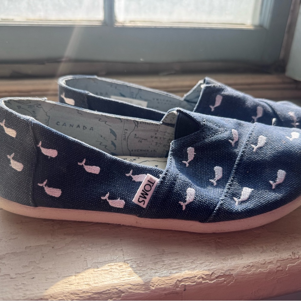 TOMS Navy Whale Canvas Slip-On Shoes - Pink Accent